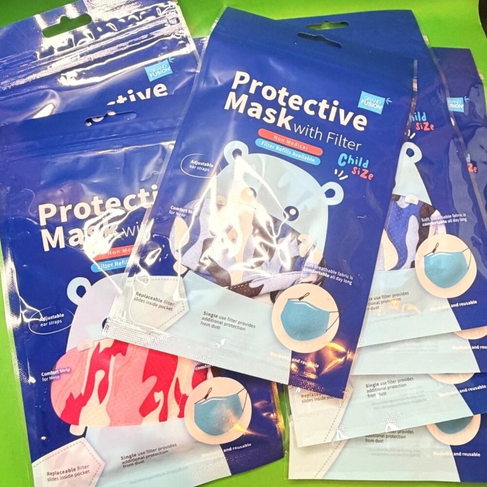 Grand Fusion Child Size Protective Mask Lot of 8 Sealed Filters Camo Bear Print